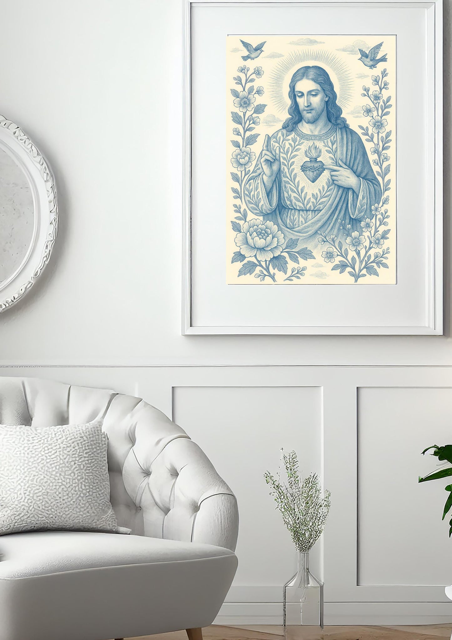 Sacred Heart and Divine Mercy of Jesus: Blue and White Chinoiserie Catholic Christian Wall Art ⬇️ Digital Download