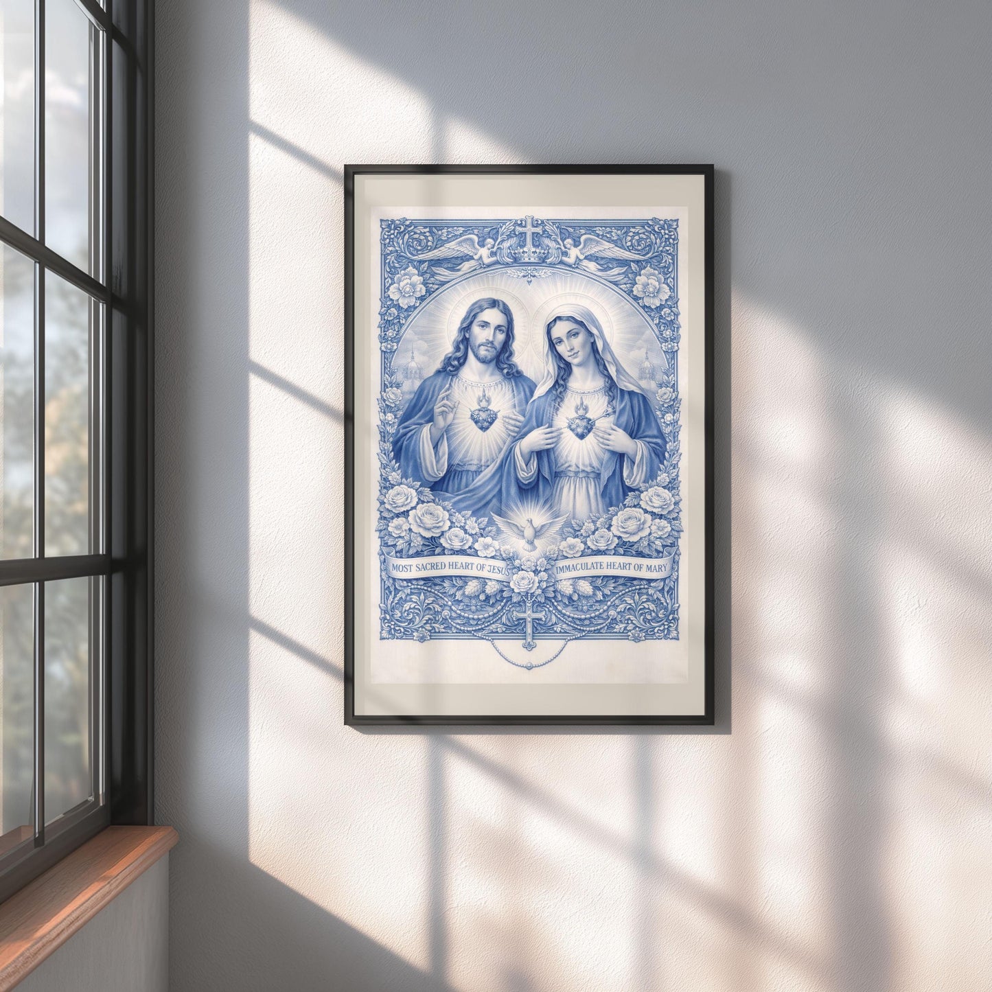 Impression Sacrés Cœurs de Jésus et Marie | Art catholique Chinoiserie bleue (Téléchargement numérique)
