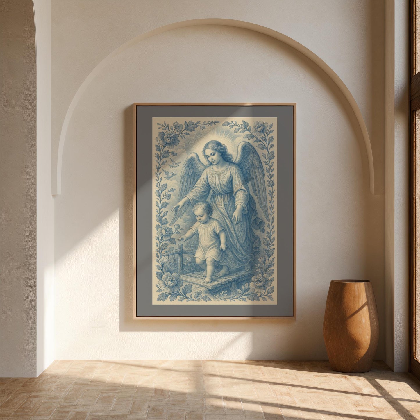 Guardian Angel Catholic Art Print: Christian Wall Poster Soft Blue Chinoiserie Home Decor, Faith Gift (Instant Digital Download)
