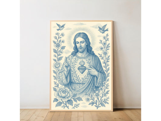 Sacred Heart and Divine Mercy of Jesus: Blue and White Chinoiserie Catholic Christian Wall Art ⬇️ Digital Download