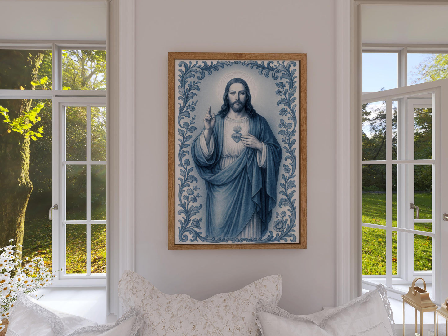 Jesus Christ Art Print: Sacred Heart Blue Chinoiserie Style Catholic Christian Wall Art, Holiday, Confirmation Gift ⬇️ Digital Download