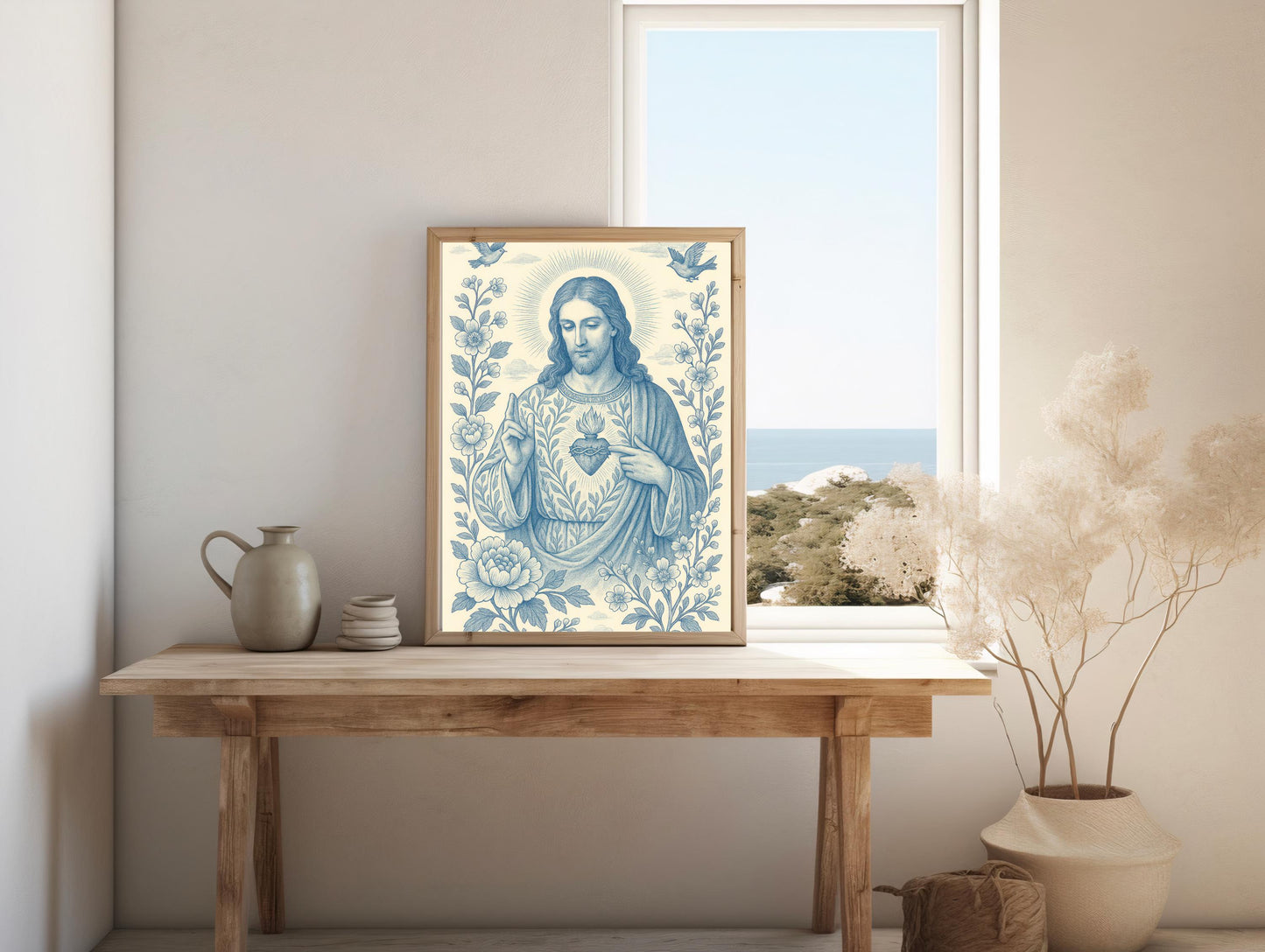 Sacred Heart and Divine Mercy of Jesus: Blue and White Chinoiserie Catholic Christian Wall Art ⬇️ Digital Download