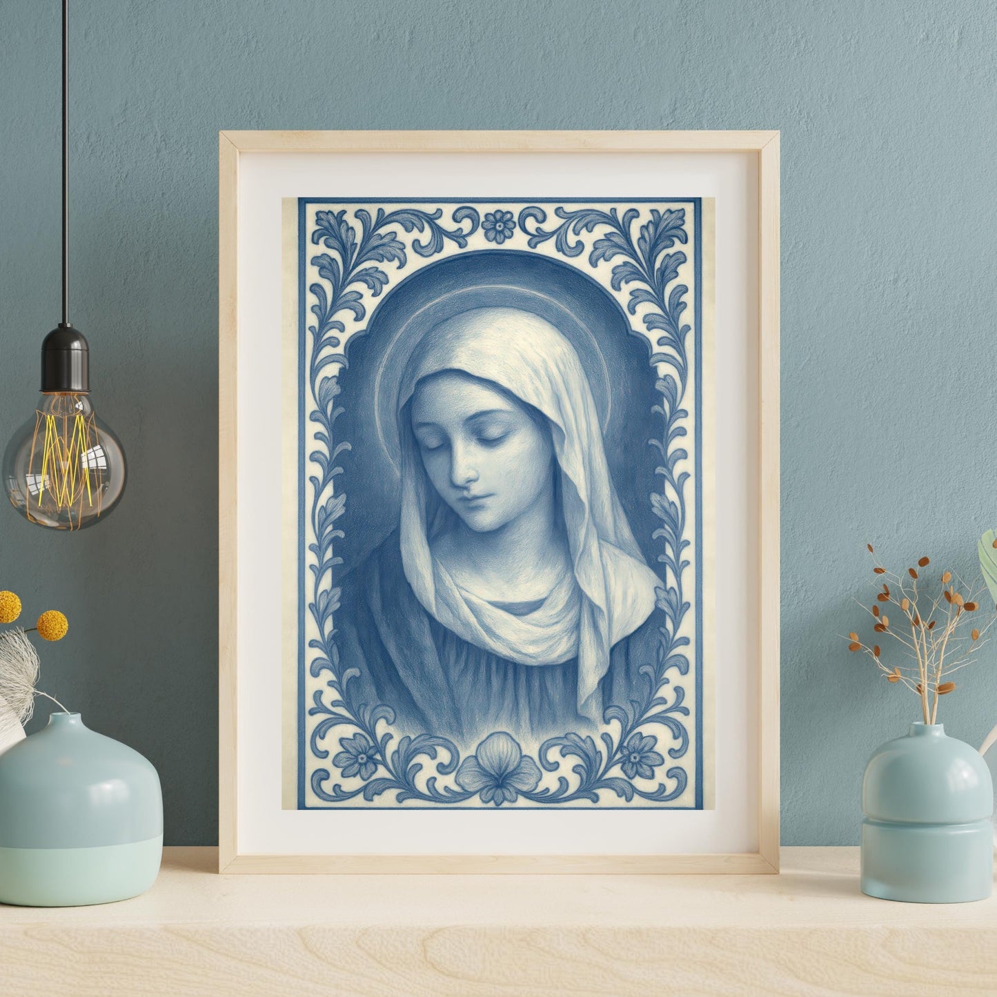 Virgin Mary Chinoiserie Art Print: Blue & White Catholic Christian Wall Art Decor ⬇️ Digital Download