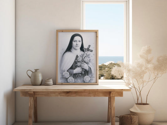 Saint Therese of Lisieux Poster: Catholic Christian Wall Art Decor, Soft Blue Image
