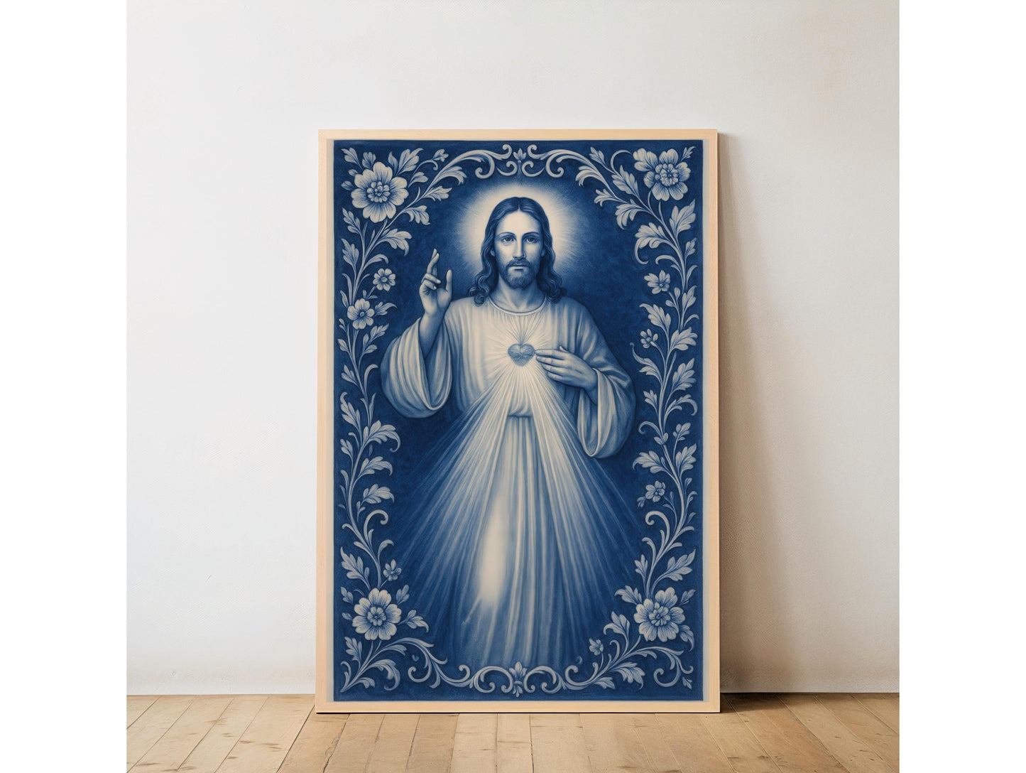 Divine Mercy Print: Blue Chinoiserie Sacred Heart Catholic Christian Wall Art ⬇️ Digital Download