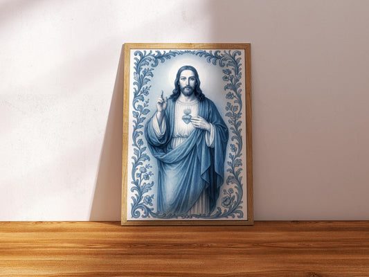 Jesus Christ Art Print: Sacred Heart Blue Chinoiserie Style Catholic Christian Wall Art, Holiday, Confirmation Gift ⬇️ Digital Download