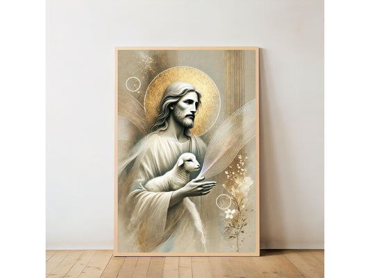 Serene Jesus and Lamb Portrait: Religious Faith Christian Wall Art ⬇️ Digital Download