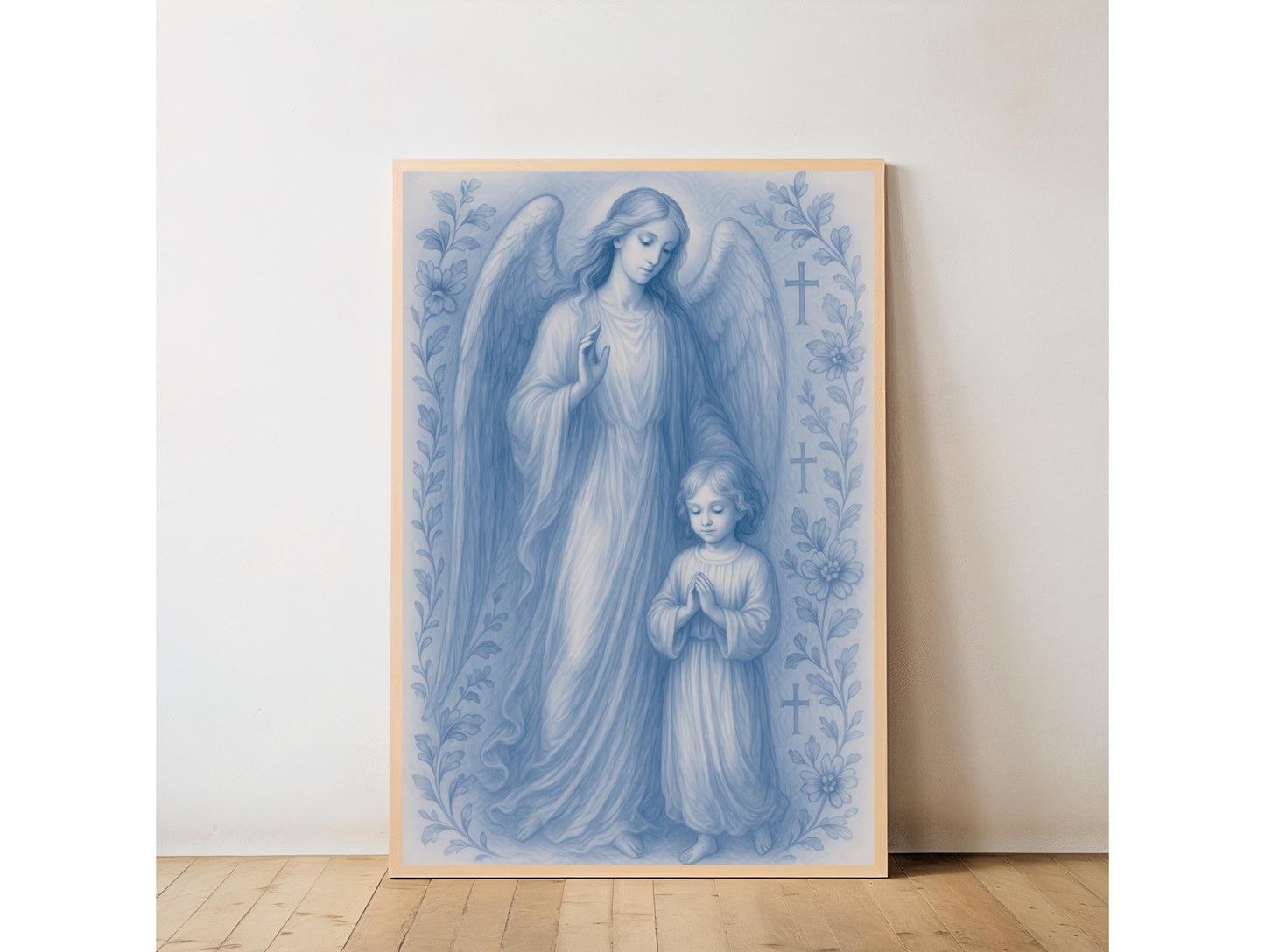 Guardian Angel and Child Chinoiserie Style Digital Print, Blue Nursery Wall Art (Instant Download)