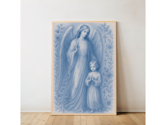 Guardian Angel and Child Chinoiserie Style Digital Print, Blue Nursery Wall Art (Instant Download)