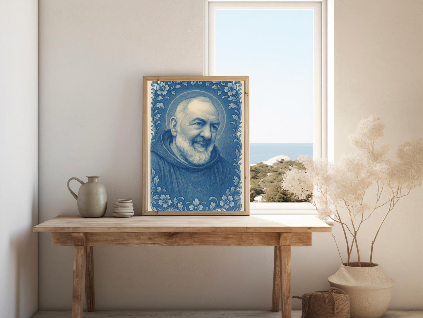 Saint Padre Pio Chinoiserie Art: Catholic Icon with Baroque Floral Border, Christian Wall Art ⬇️ Digital Download