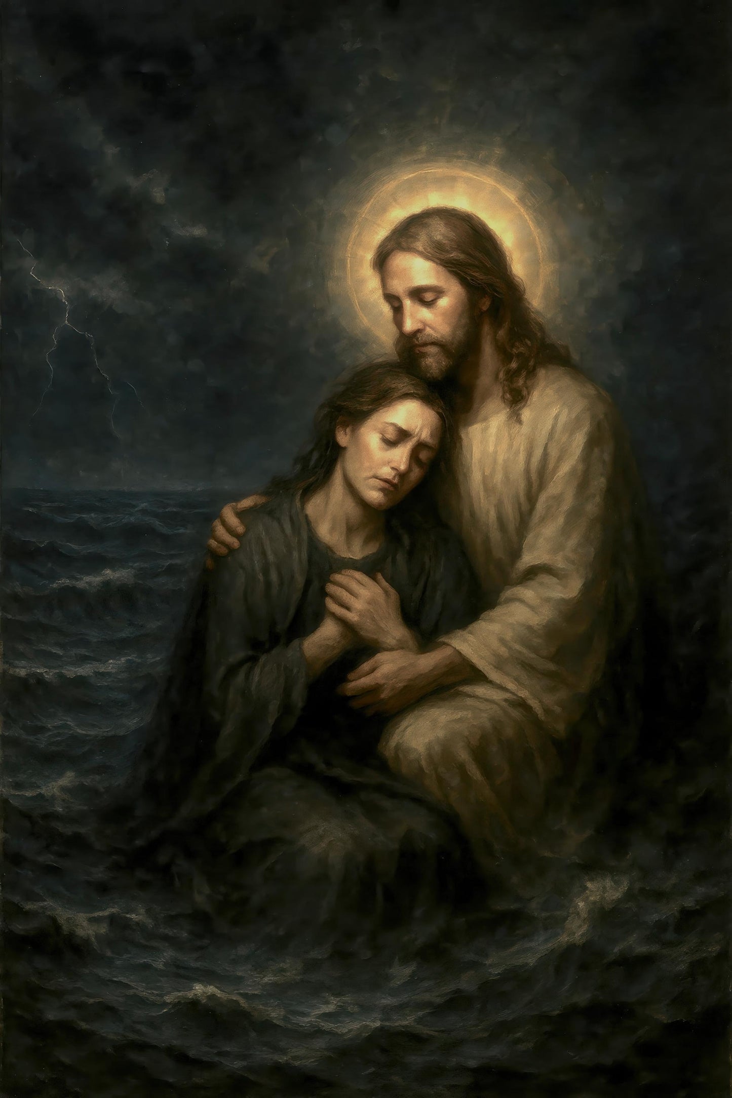 Jesus Christ Consoling a Woman in Stormy Sea: Christian Wall Art ⬇️ Digital Download