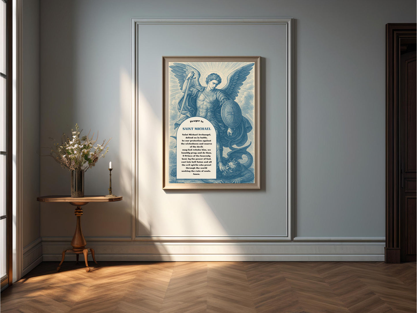 Archangel St Michael Prayer Print: Blue Chinoiserie Catholic Christian Wall Art ⬇️ Digital Download