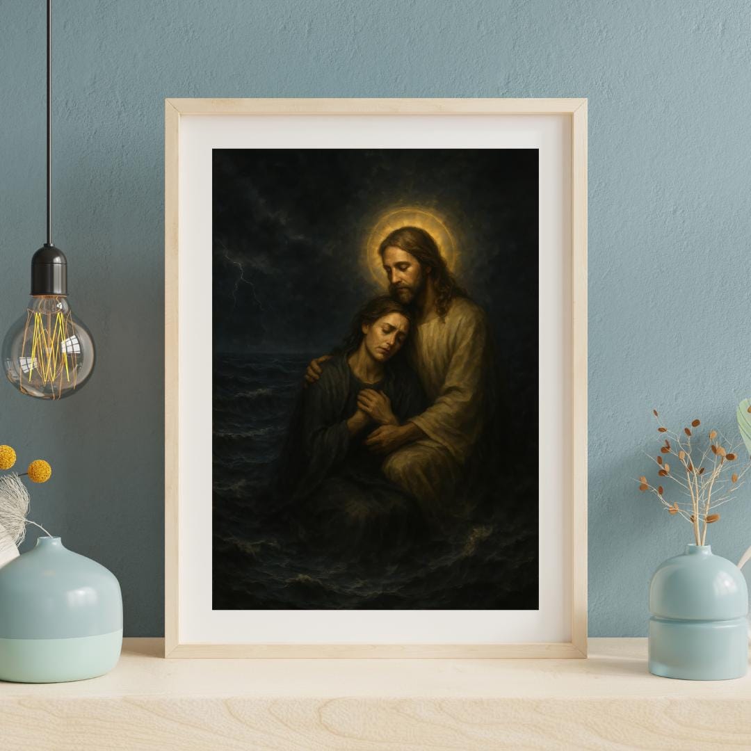 Jesus Christ Consoling a Woman in Stormy Sea: Christian Wall Art ⬇️ Digital Download