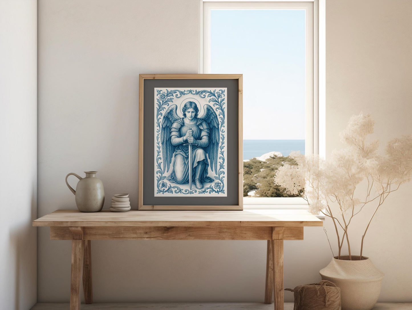 Saint Michael Poster: Catholic Christian Wall Art, Soft Blue Chinoiserie Print