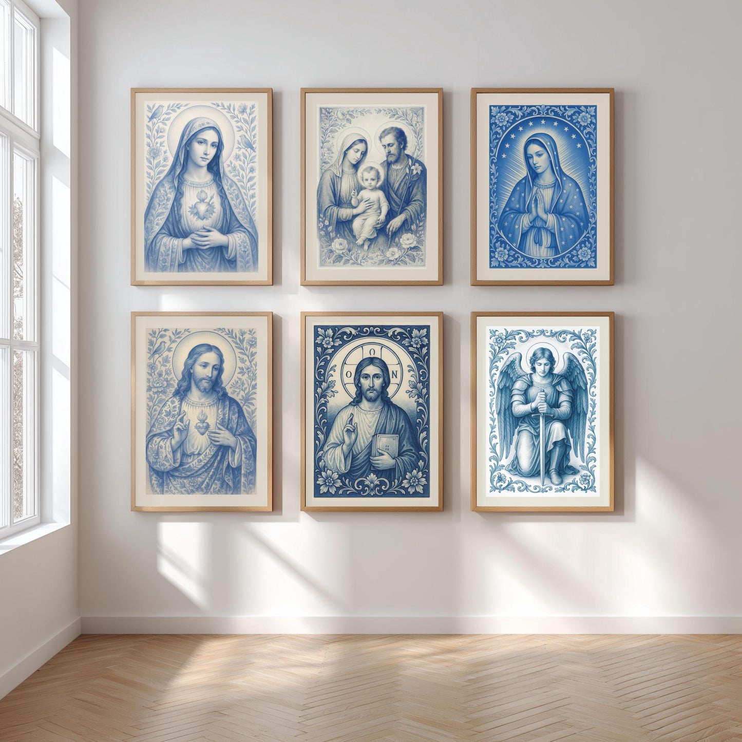 Blue & White Chinoiserie Catholic Wall Art: Sacred Religious Print, Delft Style Christian Poster, Vintage Devotional ⬇️ Digital Download