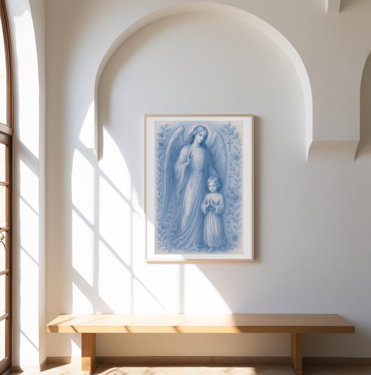Guardian Angel and Child Chinoiserie Style Digital Print, Blue Nursery Wall Art (Instant Download)