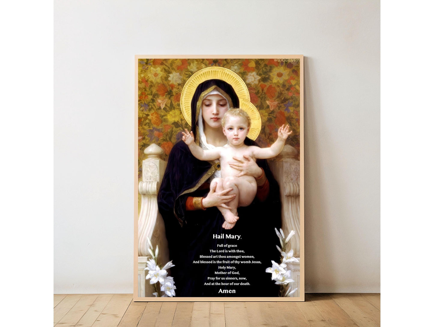 Hail Mary Prayer Art Print: Madonna of the Lilies, Christian Wall Art ⬇️ Digital Download