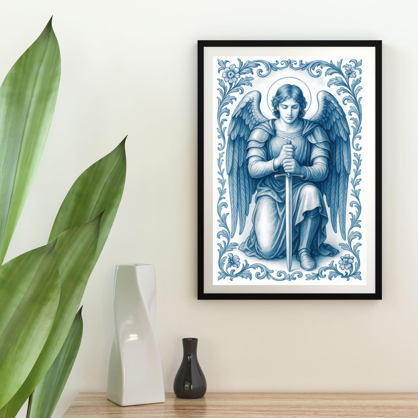 Saint Michael Poster: Catholic Christian Wall Art, Soft Blue Chinoiserie Print
