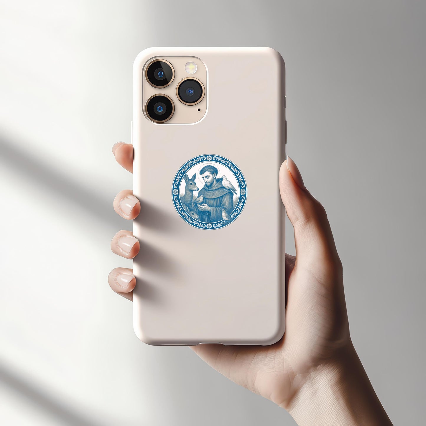 St. Francis of Assisi Sticker: Chinoiserie Blue and White, Animal Lover Gift