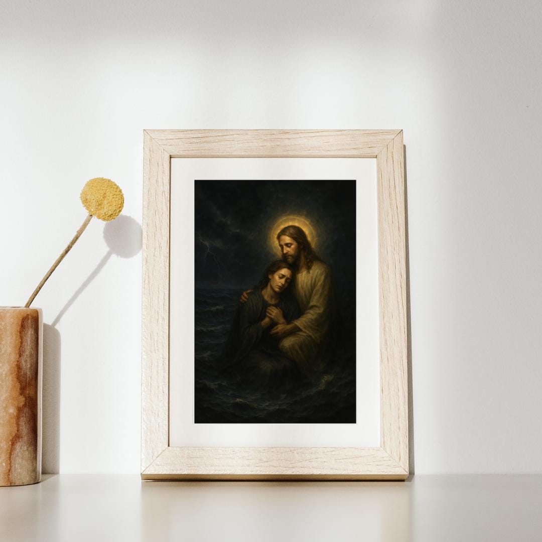 Jesus Christ Consoling a Woman in Stormy Sea: Christian Wall Art ⬇️ Digital Download
