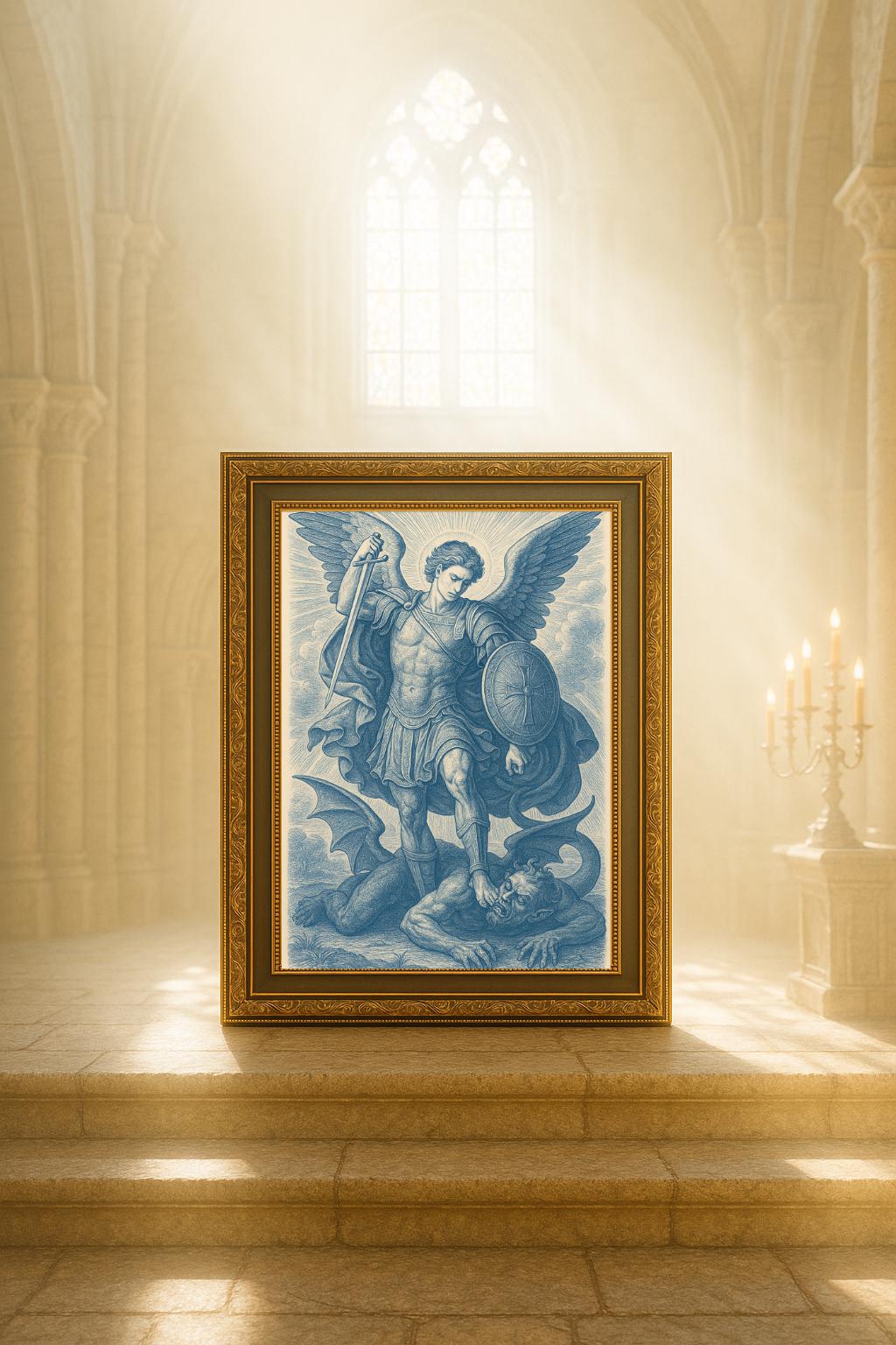 Saint Michael Digital Art: Chinoiserie Style Art Print, Christian Archangel Warrior for Protection with Sword & Shield, Faith Gift ⬇️ Digital Download
