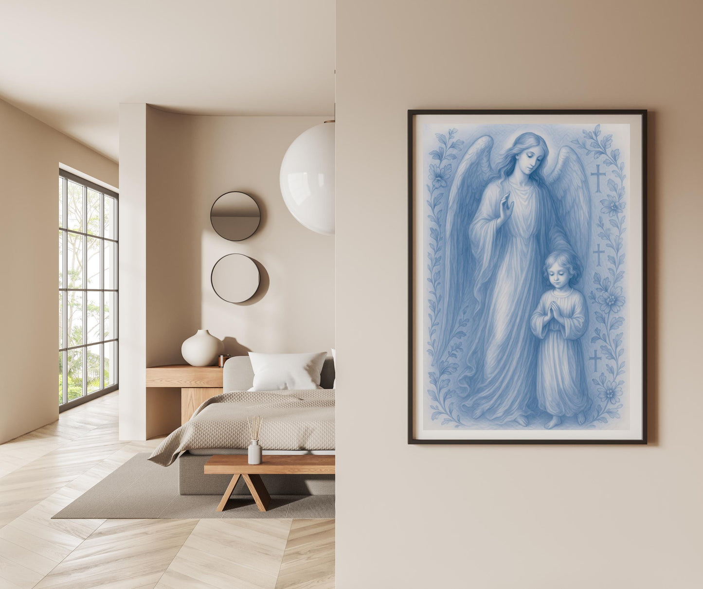 Guardian Angel and Child Chinoiserie Style Digital Print, Blue Nursery Wall Art (Instant Download)