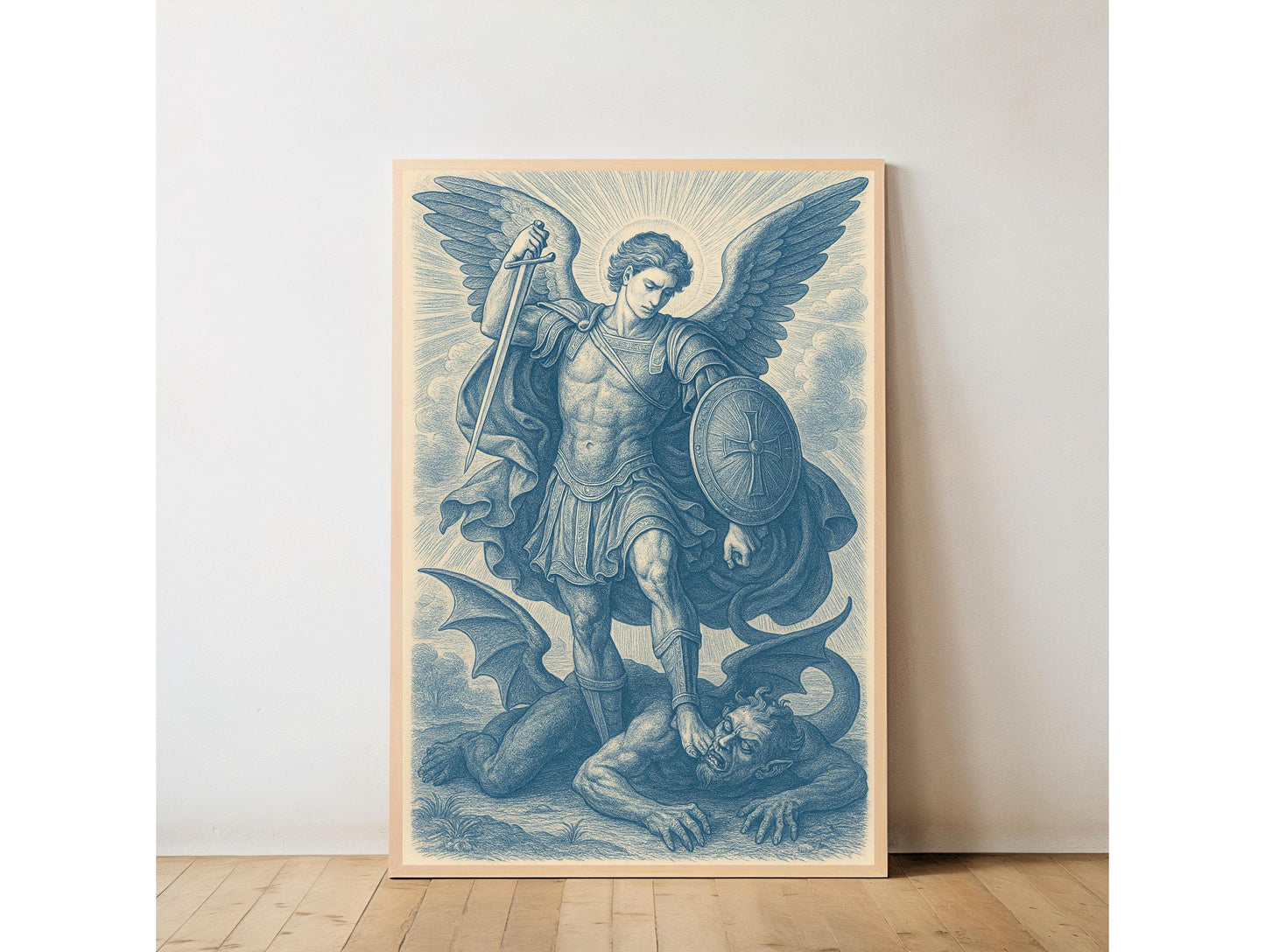 Saint Michael Digital Art: Chinoiserie Style Art Print, Christian Archangel Warrior for Protection with Sword & Shield, Faith Gift ⬇️ Digital Download