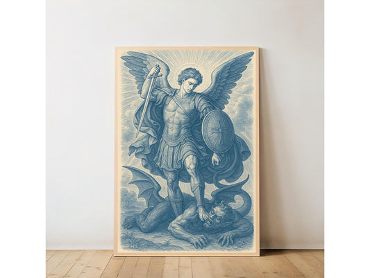Saint Michael Digital Art: Chinoiserie Style Art Print, Christian Archangel Warrior for Protection with Sword & Shield, Faith Gift ⬇️ Digital Download