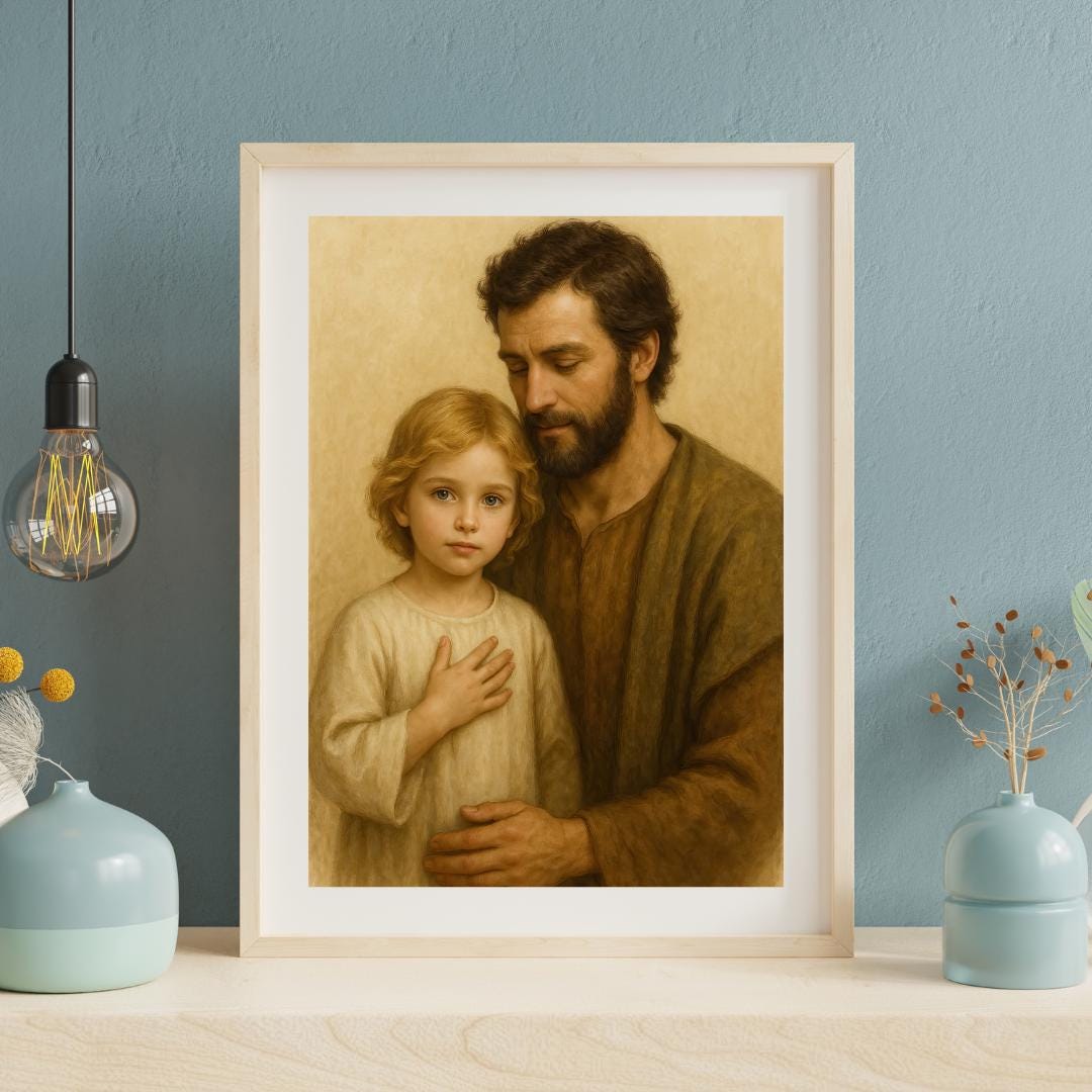 Saint Joseph and Young Jesus Art Print: Holy Family Christian Wall Art Portrait ⬇️ Digital Download