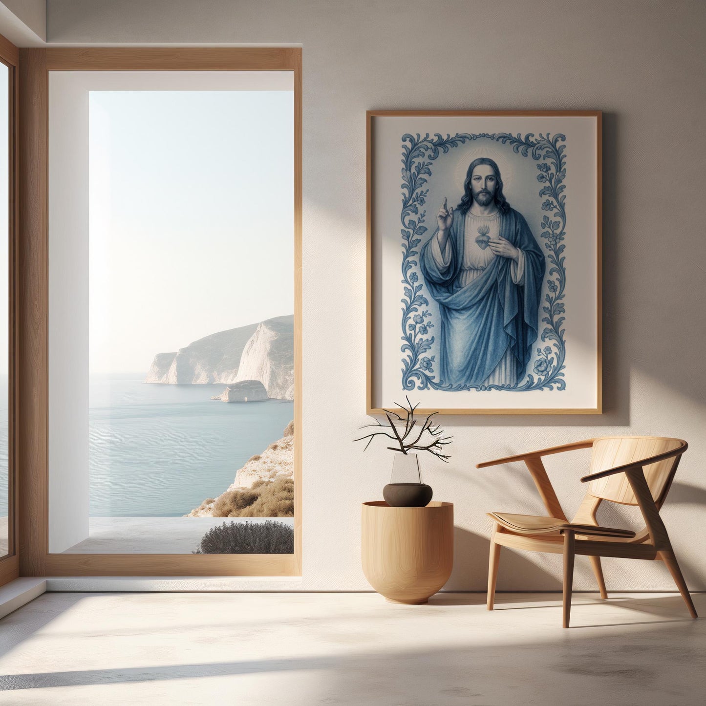 Jesus Christ Art Print: Sacred Heart Blue Chinoiserie Style Catholic Christian Wall Art, Holiday, Confirmation Gift ⬇️ Digital Download
